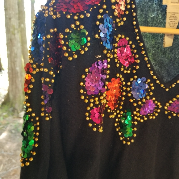 Large Anne Klein Knitwear ladies Sequin Sweater black rainbow long sleeve v neck - Picture 6 of 11